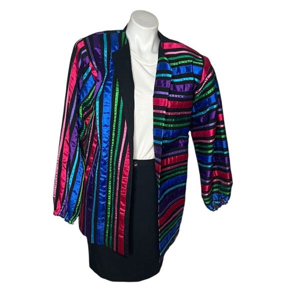 TACHI CASTILLO Jacket Multicolor Ribbon Stripes Open Front Size Medium VINTAGE - Picture 3 of 14